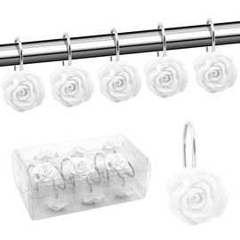 12 Pcs Shower Curtain Hooks, Anti Rust Shower Curtain Hooks,Resin Rose Flower Shower Hooks,Home Fashion Decorative Hooks Rings for Bathroom, Baby Room,Bedroom,Living Room(White)