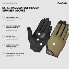 GripGrab EXPLR Padded Full Finger Summer Mountain Bike Gloves Long Cushioned MTB Gravel Biking Off-Road Cycling Glove