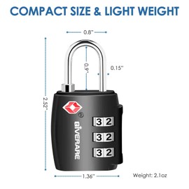 4 Pack TSA Approved Travel Luggage Locks, Combination Lock Alloy Body, Metal Keyless 3-Digit Padlocks, TSA Accepted Compatible Padlock for Gym Locker, Golf Bag Case, Backpack, Black-by GIVERARE