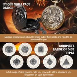 Banloga D&D Dice Set,7PCS Metal Dice Set for Dungeons and Dragons,Mini Dice Set with Pocket Watch Case,Role Playing Board Games Accessories (Dragon, Black)