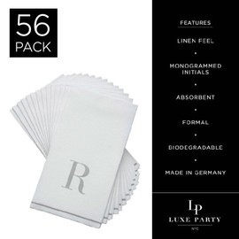 Luxe Party 56 Pack Monogram Napkins, Letter R Initial, Disposable, Premium Airlaid, Linen Feel, Decorative Table Setting, Guest Towel Napkin, White and Silver
