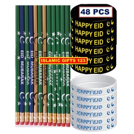 Islamic Gifts 123 Eid Mubarak 48 Pcs-Pencils-Eid Wristbands Kids Favorite Eid Favors Eid Decoration مبارك Arabic Novelty Ramadan Favors Islamic Muslim Quran Gifts