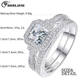 Bonlavie 925 Sterling Silver Princess and Round Cut White Cubic Zirconia Engagement Ring Set for Women Size S