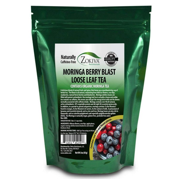 Zokiva Nutritionals - Moringa Tea Loose Leaves Berry Blast Blend With Premium Organic Moringa – Great Tasting Natural Energy Booster – In Resealable Zip Pouch