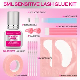Sensitive Eyelash Extension Glue Kit 3-5s Drying Time 5-6 Weeks Retention Lash Extension Maximum Bonding Power Long Lasting Black Eyelash Glue with Tools(5ml)