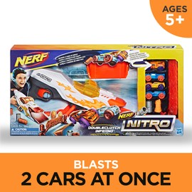 NERF Doubleclutch Inferno Nitro Toy Includes Blaster, 4 Foam Body Cars, Double Reactive Target, Double Ramp, & 8 Obstacles for Kids 5 Years Old & Up
