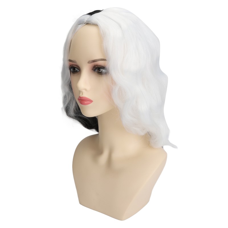 Black and White Short Wavy Wig Women Cosplay Party Shoulder
