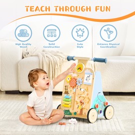 Wooden Baby Walker, Baby Push Walker for 12+ Months, Baby Walker with Activity Center, Push and Pull Walkers for Boys Girls