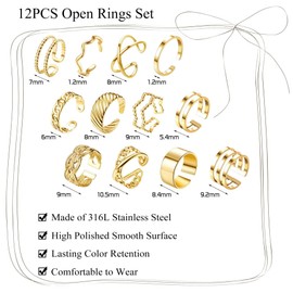 YADOCA 12Pcs Open Rings Set for Women Stainless Steel Knuckle Rings Silver Gold Stackable Rings for Women Thumb Ring Trendy Stacking Rings Set Minimalist Finger Rings Set Gold Tone