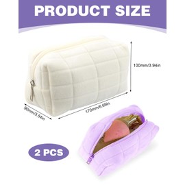 KEMUZ 2Pcs Plüsch Make-up Tasche, Tragbare Makeup Tasche Reise-Kulturbeutel, Reißverschluss Kosmetiktasche, Kosmetiktasche Groß Kapazität für Frauen Mädchen Geschenk(Lila + Beige)