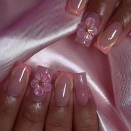Floral French Tip Press on Nails Medium Square with Spring Summer Pink Gradient Design 5D Embossed Stripe Flower Acrylic Full Cover Glossy Fake Nails for Women Girls Manicure DIY Decoration 24pcs