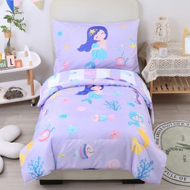 URBONUR 4-Piece Toddler Bedding Set - Ultra Soft Cartoon Mermaid Girls Toddler Comforter Set Coral Starfish - Include Comforter, Flat Sheet, Fitted Sheet and Reversible Pillowcase, Purple Mermaid