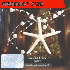 6 PCS Natural Starfish Beaded Garland- 2M/80inch with Finger Starfish for Christmas Tree Decorations, Weddings and Home Decor（White）