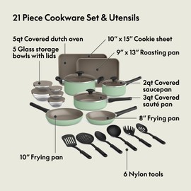 bella 21 Piece Kitchen Set with EverGood™ Ceramic Nonstick Coating​, Dishwasher & Oven Safe, All Stovetops Compatible, Tempered Glass Lids & Cool Touch Handles, Seaglass