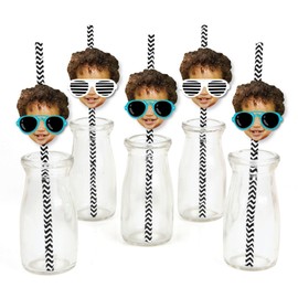 Big Dot of Happiness Custom Photo Two Cool - Boy - Blue 2nd Birthday Party Fun Face Paper Straw Decor - Set of 24