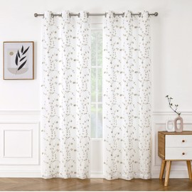 Bujasso White Beige Floral Semi Sheer Curtains 84 inch Embroidered Leaf Patterned Window Curtain Panels with Lined Farmhouse Light Filtering Drapes for Living Room Bedroom Grommet Top W38 xL84 x2