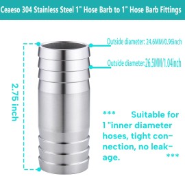 Ceaeso 304 Stainless Steel 1" Hose Barb to 1" Hose Barb Splicer Mender Round Union C...