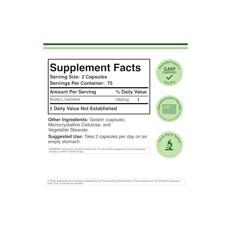 Acetil L-Carnitina 1000 mg Acetyl L-Carnitine (ALCAR) Supplement, 150 Capsules