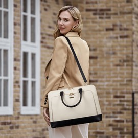 CLUCI Leather Briefcase for Women 15.6 Inch Laptop Business Work Slim Ladies Vintage Shoulder Bag beige-black