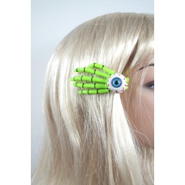 Skelapparel Spooky Kawaii Skeleton Hands with Zombie Horror eyes Hair Clip (Green)