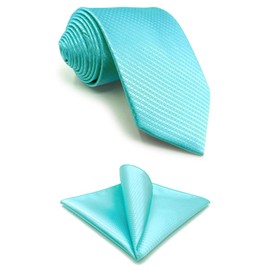 SHLAX&WING Long Necktie Pocket Square Set, Solid Color, Aqua Indigo Silk 63.0 x 3.5 inches (160 x 9 cm), 3.5" x 63" Necktie + Pocket Square
