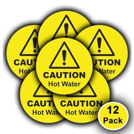 12-Pack Round Caution Hot Water Vinyl Sticker Signs - Weatherproof, Sun Resistant, Durable Safety Decals - 85mm diameter - For coffee machines, restaurants, bars and commercial Kitchens