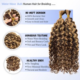 4/27 Human Braiding Hair Brown Blonde Curly Human Hair for Boho Braids 18 Inch No Weft Highlight Deep Water Wave Bulk Human Hair for Braiding 2 Bundle 100G/Pack Bouncy Soft Boho Hair Bundles No Weft