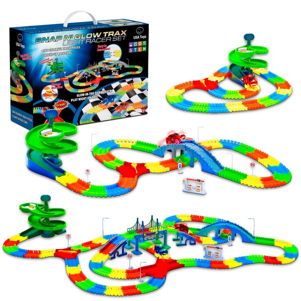 USA Toyz Glow Race Tracks for Boys or Girls - 360pk Glow in The Dark Flexible Rainbow Race Track Set w/ 2 Light Up Toy Cars and Ramp Set