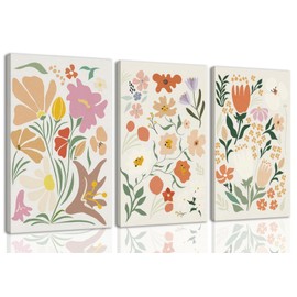 ZQARTZZQ Abstract Flower Market Wall Art vintage Floral Decor Framed Canvas Prints Set of 3 Colorful plant Decor Minimalist Pictures Painting for Living Room Bedroom Dining Room Bathroom 12x16in