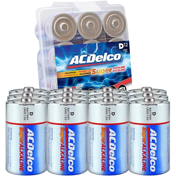 ACDelco 12-Count D Batteries, Maximum Power Super Alkaline Battery, 10-Year Shelf Life, Recloseable Packaging
