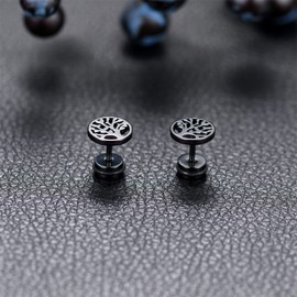 Cupimatch Stud Earrings Women's Men's Earrings 2 Pairs Stainless Steel Wood Tree of Life Hoop Earrings Set for Women Men, Stainless Steel Wood