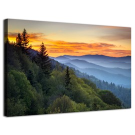 Large Nature Wall Art Great Smoky Mountains Canvas Pictures for Bedroom National Park Foggy Forest Wood Framed Painting Sunrise Photo Artwork Misty Landscape Living Room Dinner Home Decorations 32x48