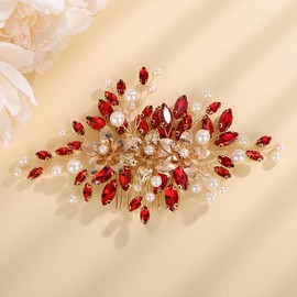 Teyglen Red Rhinestone Wedding Hair Comb Bridal Crystal Pearl Hair Comb for Bride Vintage Flower Headpiece Hair Jewelry Accessory for Women Bridal Crystal Hair Piece (Red)