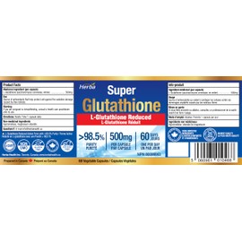 Herba Herba Glutathione Supplement 500mg - 60 Vegetable Capsules | L Glutathione Reduced Active Form | Super Glutathione 500mg Capsule for Antioxidants | >98.5% Purity | Made in Canada