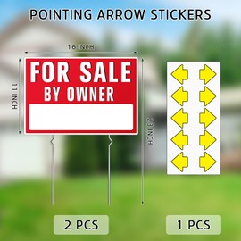 2PC House For Sale By Owner Yard Sign, Double-Sided Home For Sale Sign with Metal Stakes, for Real Estate, Large Directional Arrows Stickers, 16"x11" Corrugated Plastic House By Owner Signs