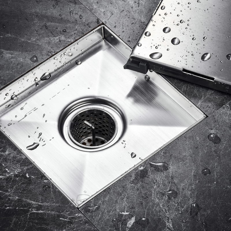 Square Shower Drain with Removable Tile Insert Grate, 8-Inch, Brushed