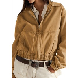 MAOECO Cropped Jackets for Women Fall Outfits 2025 Lightweight Zip Up Utility Anorak Elastic Hem Casual Jacket With Pockets