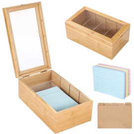 Wooden Index Card Organizer with Lid, Storage Box with Removable Dividers, Includes 5 Kraft Index Tabs and 300 Colorful Cards, Card Holder for Recipes, Notes, Business Cards