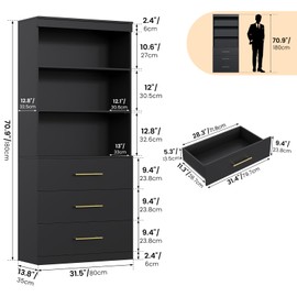 Winkalon 71“H Black Bookshelf with Drawers, Bookcase and Bookshelf with 3-Tier Open Shelves, Tall Bookcase Tall Storage Cabinet for Home Office Living Room