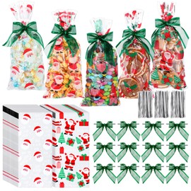Yoojahow 50 Pcs Christmas Treat Bags with 50 Pcs Twist Tie Bows Cellophane Candy Bags Christmas Goodie Bag Plastic Cookie Gift Bags for Holiday Party Favors Snacks Packing Supplies