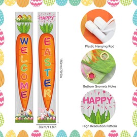2 Pcs Happy Easter Door Banner,Fabric Easter Eggs Carrot Rabbits Bunny Hanging Door Porch Banner Sign Welcome Hanging Flag Couplet for Wall Yard Garden Outdoor Indoor Decor,12x70inch