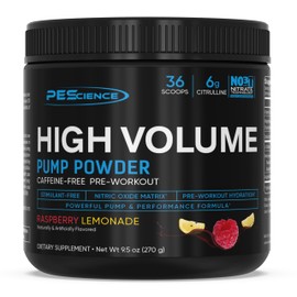 PEScience High Volume Stim-Free Pre Workout, Nitric Oxide Booster with L Citrulline & L Arginine Nitrate, Non-Stim Preworkout for Men and Women, 36 Scoops, Raspberry Lemonade