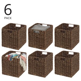mDesign Seagrass Woven Cube Basket Organizer with Handles - Storage for Bedroom, Office, Living Room, Bathroom, Perfect for Cubby Storage Units - Hold Blankets, Magazines, Books - 6 Pack - Brown Wash
