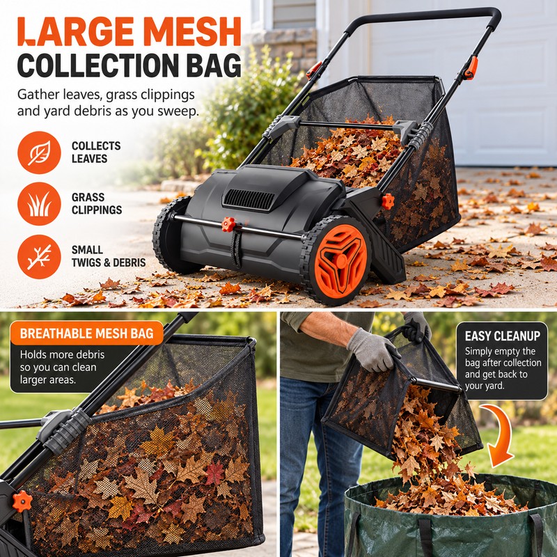 Push Lawn Sweeper for Leaf & Grass Cleanup – 21-Inch