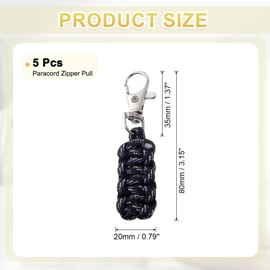 YELARXI Paracord Zipper Pull Polyester Zipper Pulls Replacement Woven Rope with Metal Clasp, 80 mm Length Fit for Backpacks Clothing Luggage Accessories - Cylinder (5 Pack, Black)