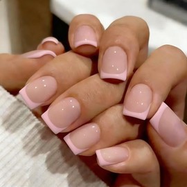 Uñas francesas cortas y cuadradas, color rosa claro con base nude natural, uñas postizas con pegamento, uñas postizas clásicas reutilizables de gel pa