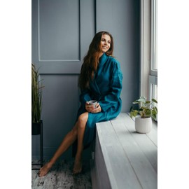 Bunny Street The Prancing Hare Linen Robe - Pure Linen Womens Bathrobe - Premium Quality Natural Linen Dressing Gown for Women (Teal, Women - XL)