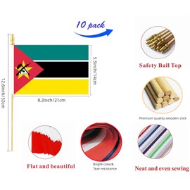 10 Pack Mozambique Flags,MZ Handheld Flag-5x8 In,Mozambican Mini Flag Small flag, for Party, Shops and Bars Decorations, And International Day Celebrations.