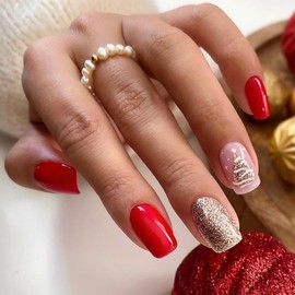 Christmas Press on Nails Short Square Press on Christmas Nails with Designs Red Gold Glitter Acrylic Gel Fake Nails Kit Full Cover Natural Fit False Nails with Glue Cute Reusable Stick on Nails 24PCS