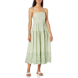 Moon River Women's Sleeveless Back tie Shirred Tiered Eyelet midi Dress, sage, Small